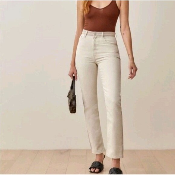 New Reformation Jeans Cynthia Tonal Reworked High Rise Straight Jeans Clay Sz 24 - Picture 3 of 16